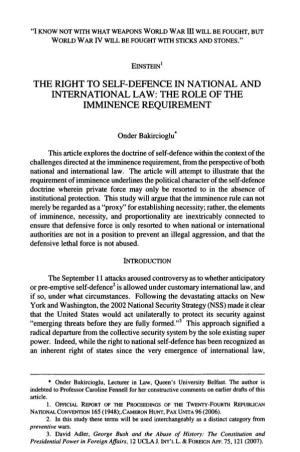 Right to Self-Defence in National and International Law: the Role of the Imminence Requirement