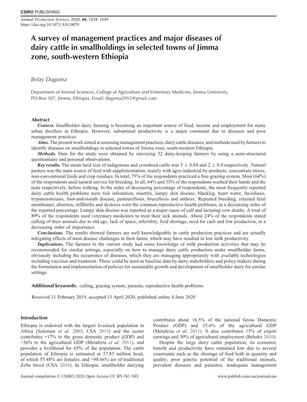 A Survey of Management Practices and Major Diseases of Dairy Cattle in Smallholdings in Selected Towns of Jimma Zone, South-Western Ethiopia