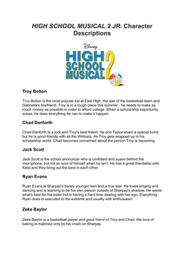 HIGH SCHOOL MUSICAL 2 JR. Character Descriptions