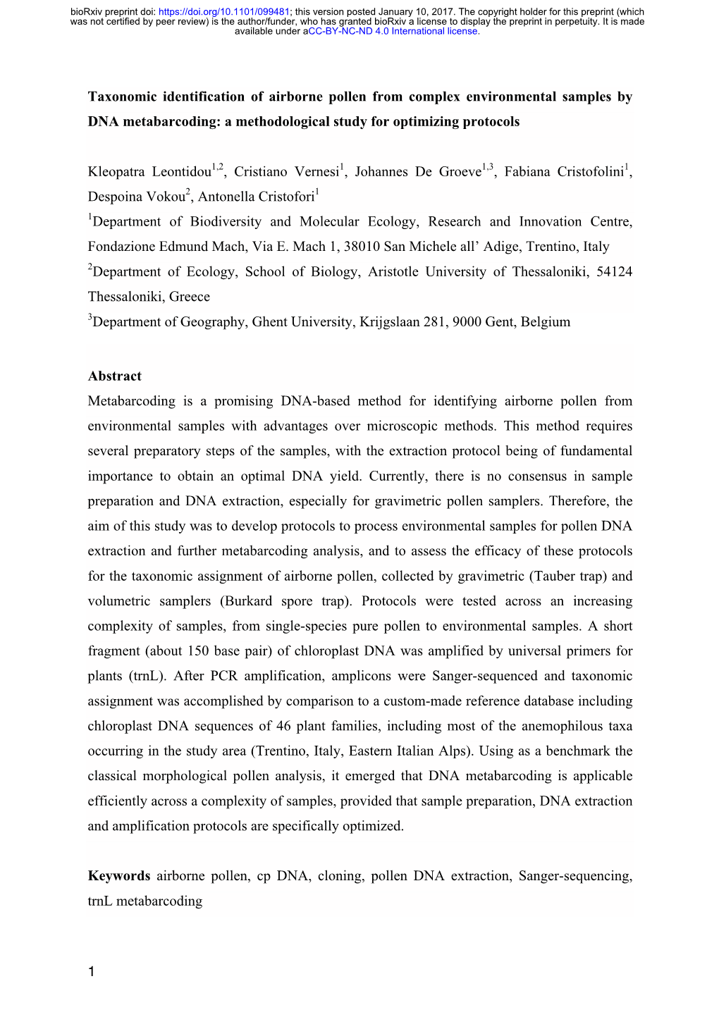 Taxonomic Identification of Airborne Pollen from Complex Environmental Samples by DNA Metabarcoding: a Methodological Study for Optimizing Protocols