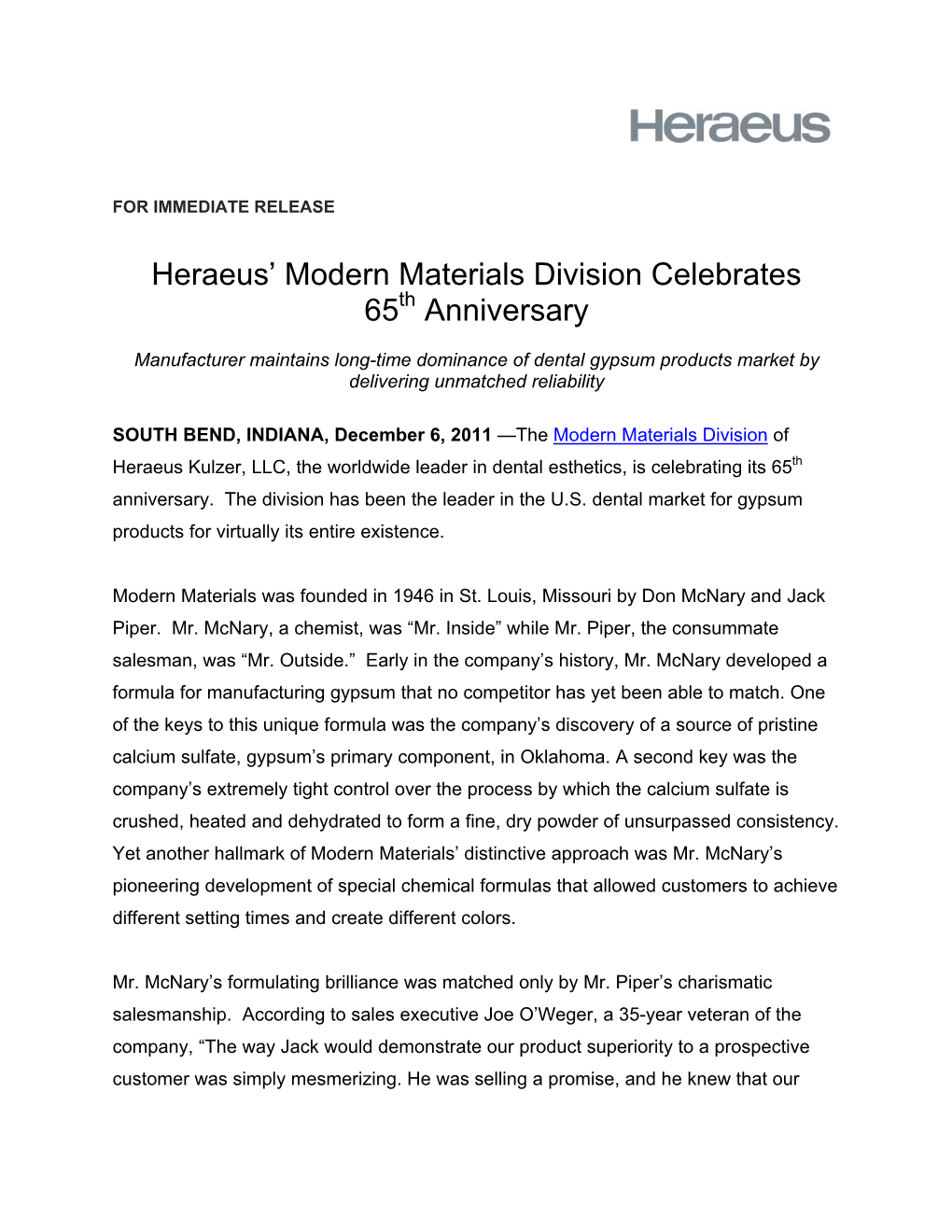 Heraeus' Modern Materials Division Celebrates 65 Anniversary
