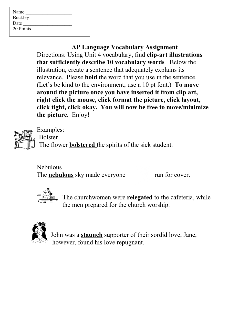 English 005 Assignment: Using Vocabulary from Chapter 7, Find 10 Clip Art Illustrations