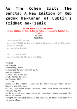 A New Edition of Reb Zadok Ha-Kohen of Lublin's Tzidkat Ha