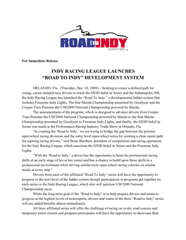 Indy Racing League Launches “Road to Indy” Development System
