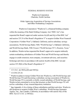 Approval of Proposal by Wachovia Corporation