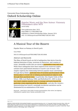 Musical Tour of the Bizarre: Popular Music As Fantasy in David Lynch