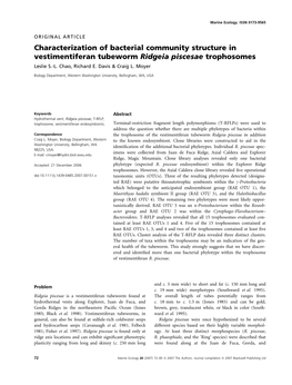 Characterization of Bacterial Community Structure in Vestimentiferan Tubeworm Ridgeia Piscesae Trophosomes Leslie S.-L