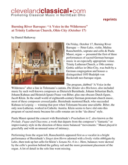 Reprints Burning River Baroque: “A Voice in the Wilderness” at Trinity