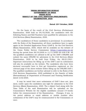 PRESS INFORMATION BUREAU GOVERNMENT of INDIA PRESS NOTE RESULT of the CIVIL SERVICES (PRELIMINARY) EXAMINATION, 2020 Dated: 23Rd