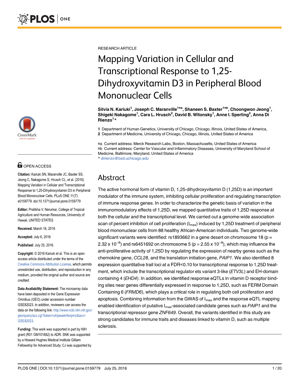 Mapping Variation in Cellular and Transcriptional Response to 1,25-Dihydroxyvitamin D3 in Peripheral Blood Mononuclear Cells