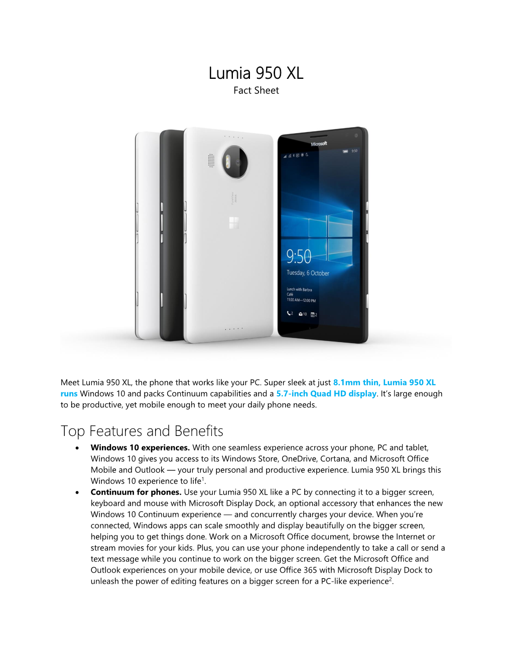 Lumia 950 XL Fact Sheet