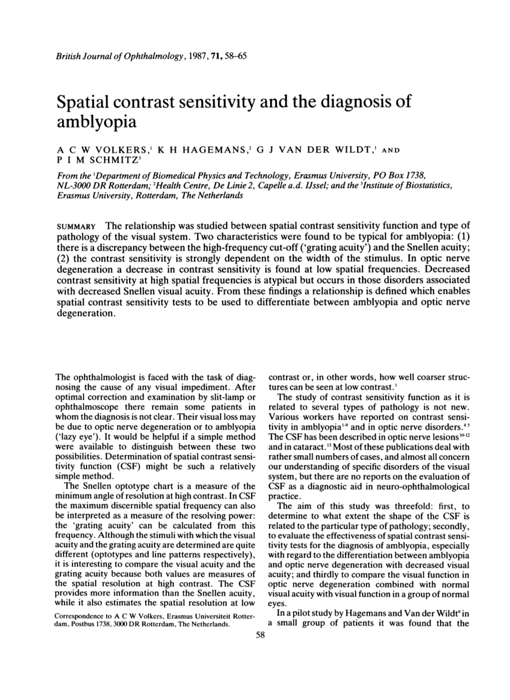 Spatial Contrast Sensitivity and the Diagnosis of Amblyopia