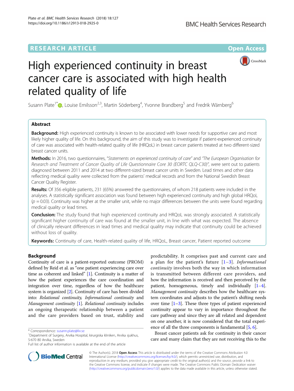 High Experienced Continuity in Breast Cancer Care Is Associated with High