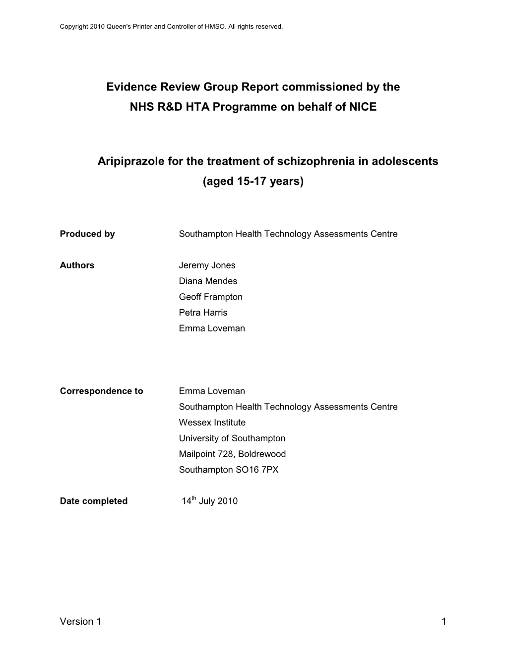 Aripiprazole for the Treatment of Schizophrenia in Adolescents (Aged 15-17 Years)