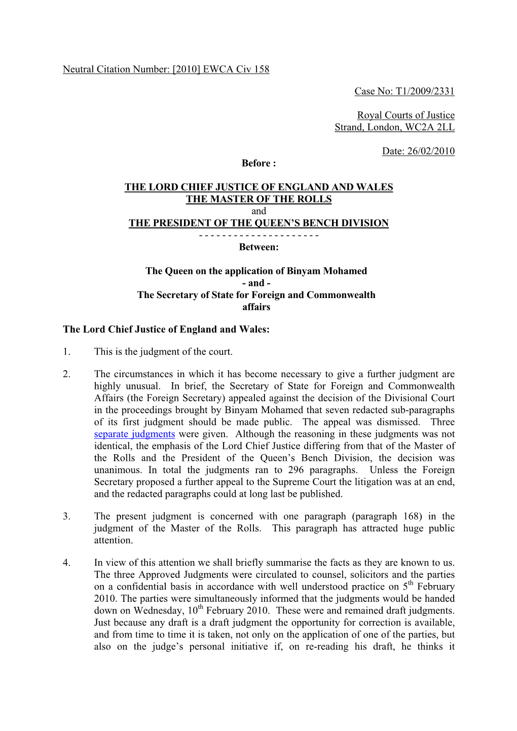 Court of Appeal Judgment: the Queen on the Application of Binyam