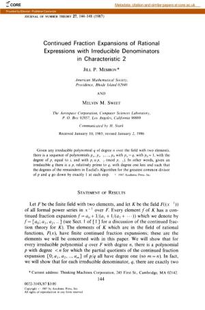 Continued Fraction Expansions of Rational Expressions with Irreducible Denominators in Characteristic 2