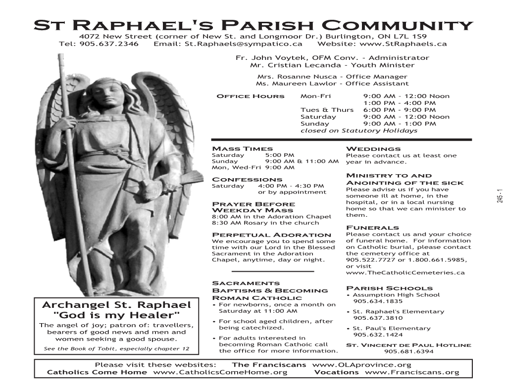 St Raphael's Parish Community the Angel of Joy; Patron Of: Travellers, Archangel St