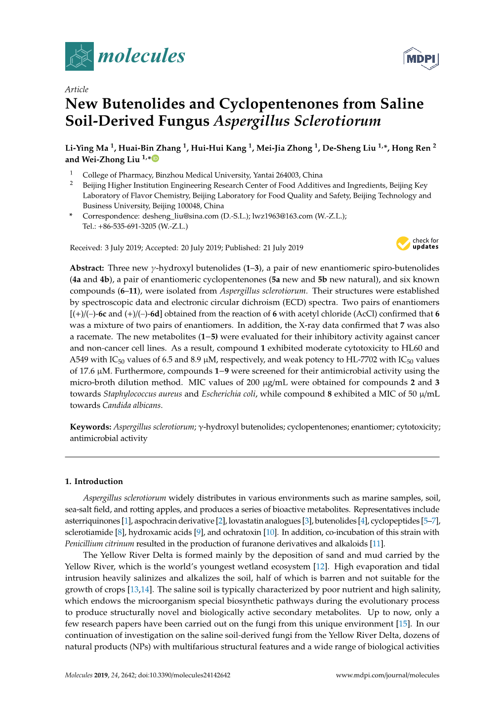 New Butenolides and Cyclopentenones from Saline Soil-Derived Fungus Aspergillus Sclerotiorum