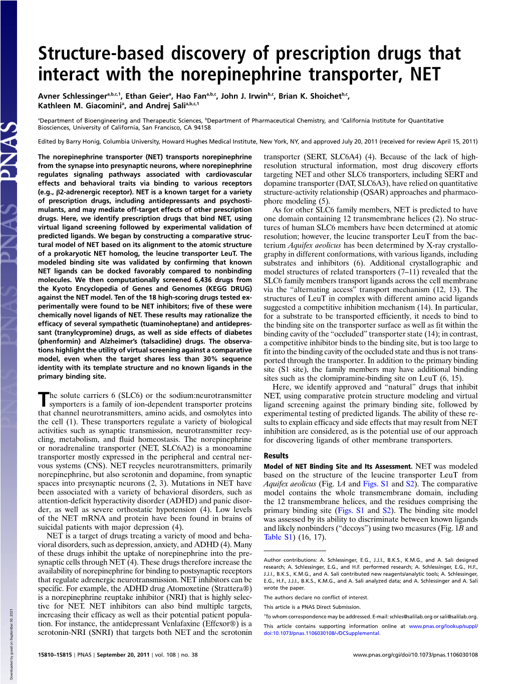 Structure-Based Discovery of Prescription Drugs That Interact with the Norepinephrine Transporter, NET