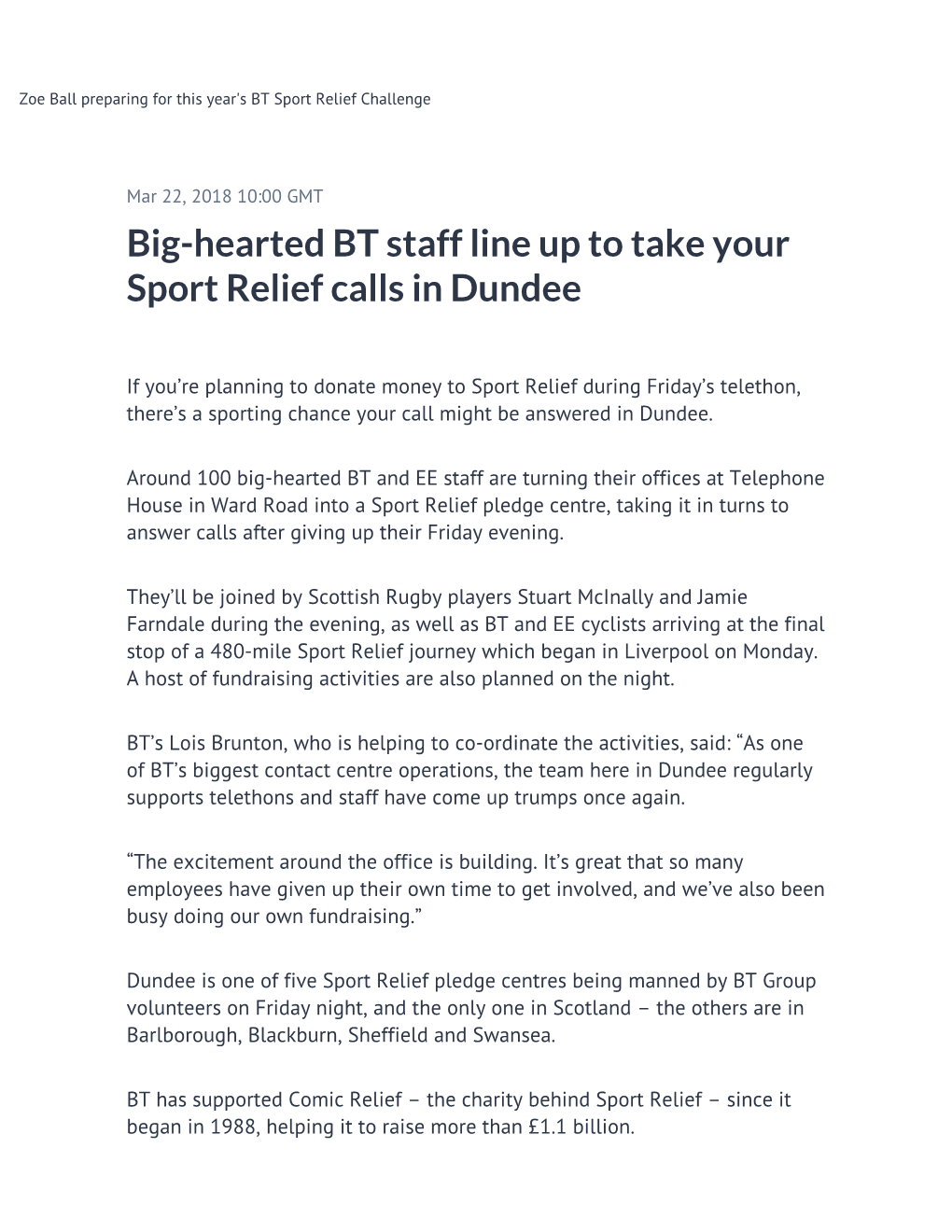 Big-Hearted BT Staff Line up to Take Your Sport Relief Calls in Dundee
