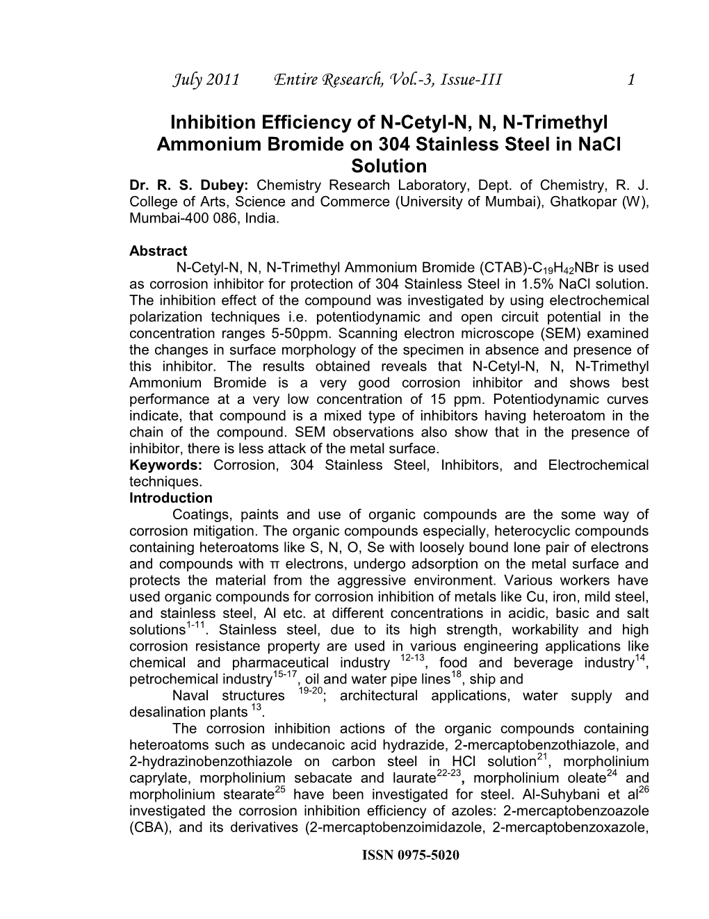 July 2011 Entire Research, Vol.-3, Issue-III 1 Inhibition Efficiency of N