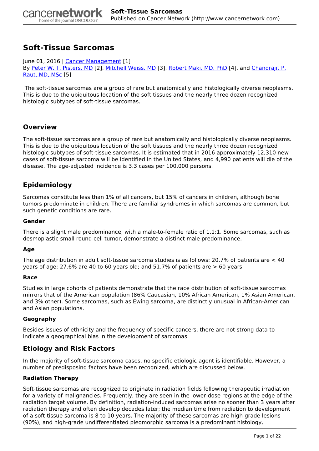 Soft-Tissue Sarcomas Published on Cancer Network (