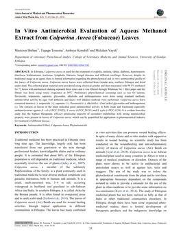 In Vitro Antimicrobial Evaluation of Aqueus Methanol Extract from Calpurina Aurea (Fabaceae) Leaves