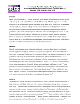 Community Water Fluoridation Policy Statement Association of State and Territorial Dental Directors (ASTDD) Adopted: 2009; Amended June 2015