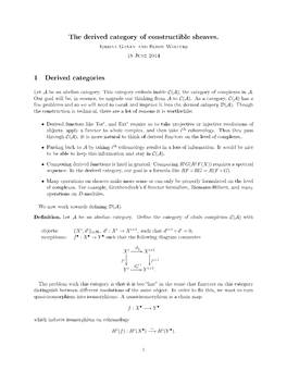 The Derived Category of Constructible Sheaves. Iordan Ganev and Robin Walters 18 June 2014