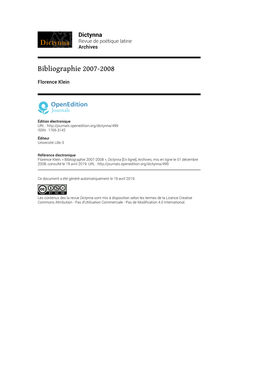 Dictynna , Archives | 2008 Bibliographie 2007-2008 2