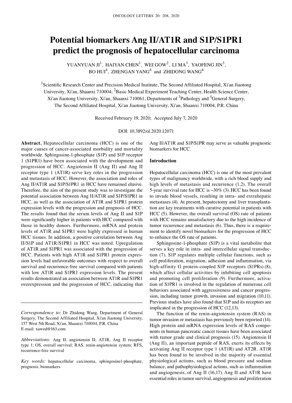 Potential Biomarkers Ang II/AT1R and S1P/S1PR1 Predict the Prognosis of Hepatocellular Carcinoma