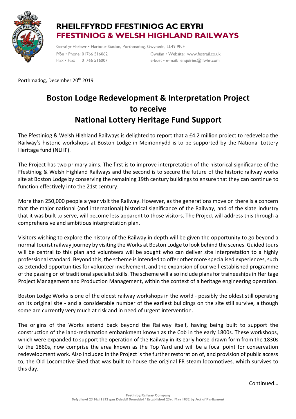 Boston Lodge Redevelopment & Interpretation Project to Receive