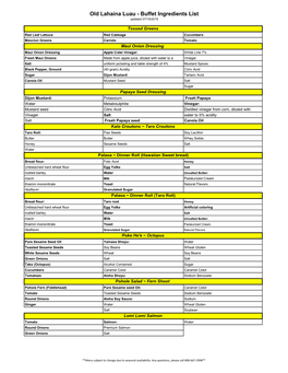 Old Lahaina Luau - Buffet Ingredients List Updated 07/19/2018