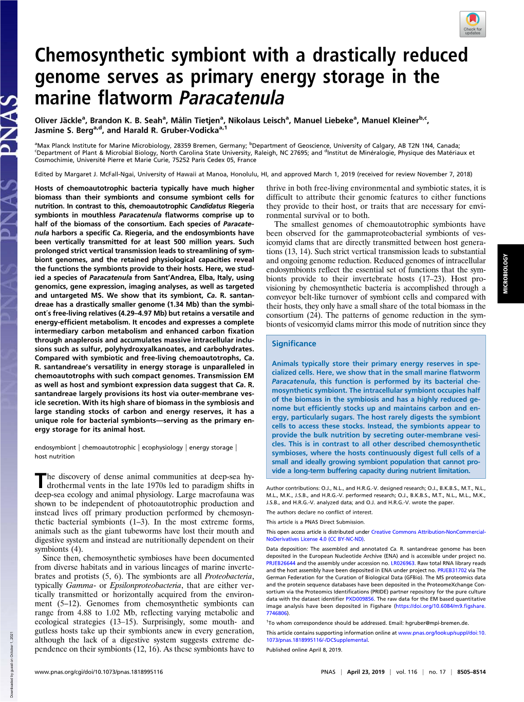 Chemosynthetic Symbiont with a Drastically Reduced Genome Serves As Primary Energy Storage in the Marine Flatworm Paracatenula