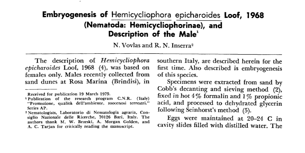 Embryogenesis of Hemicycliophora Epicharoides Loof, 1968 (Nematoda: Hemicycliophorinae), and Description of the Male 1 N