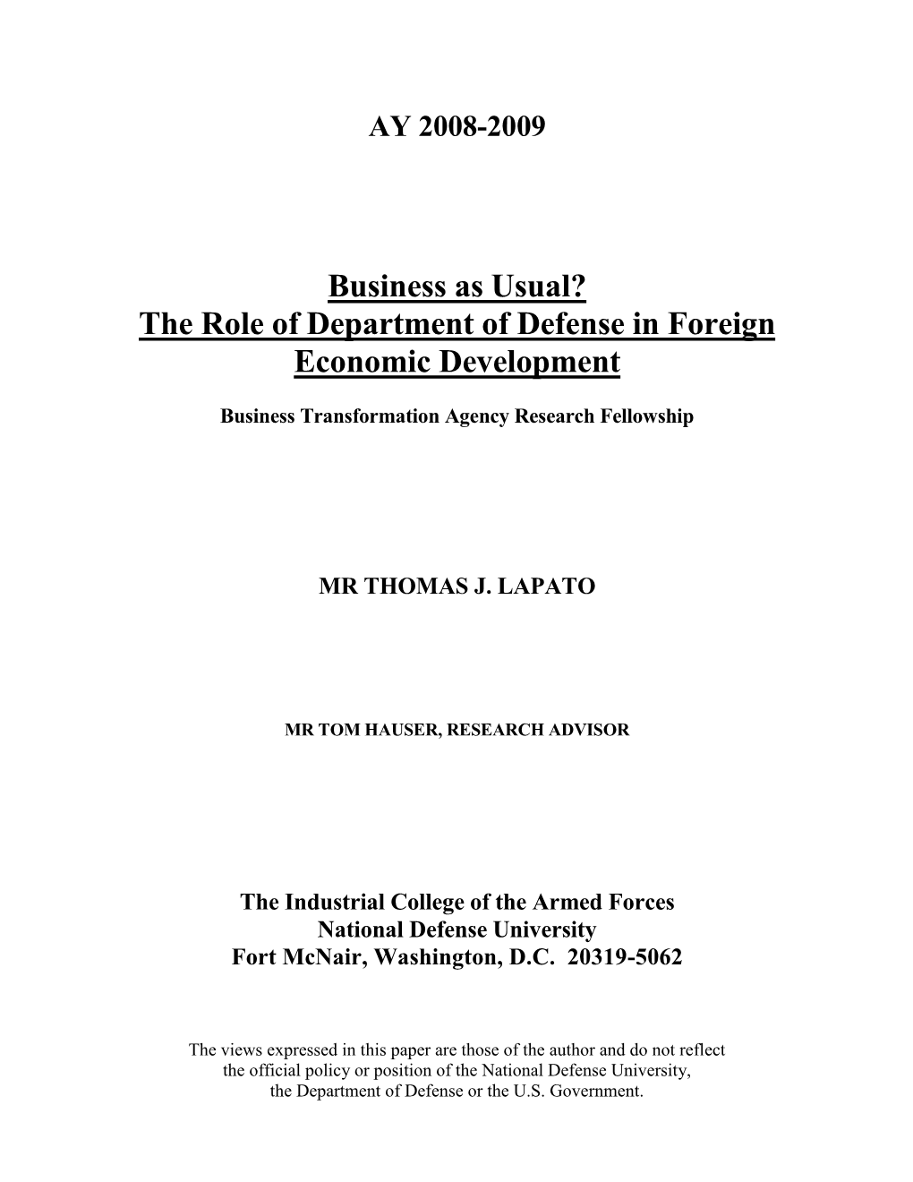 The Role of Department of Defense in Foreign Economic Development