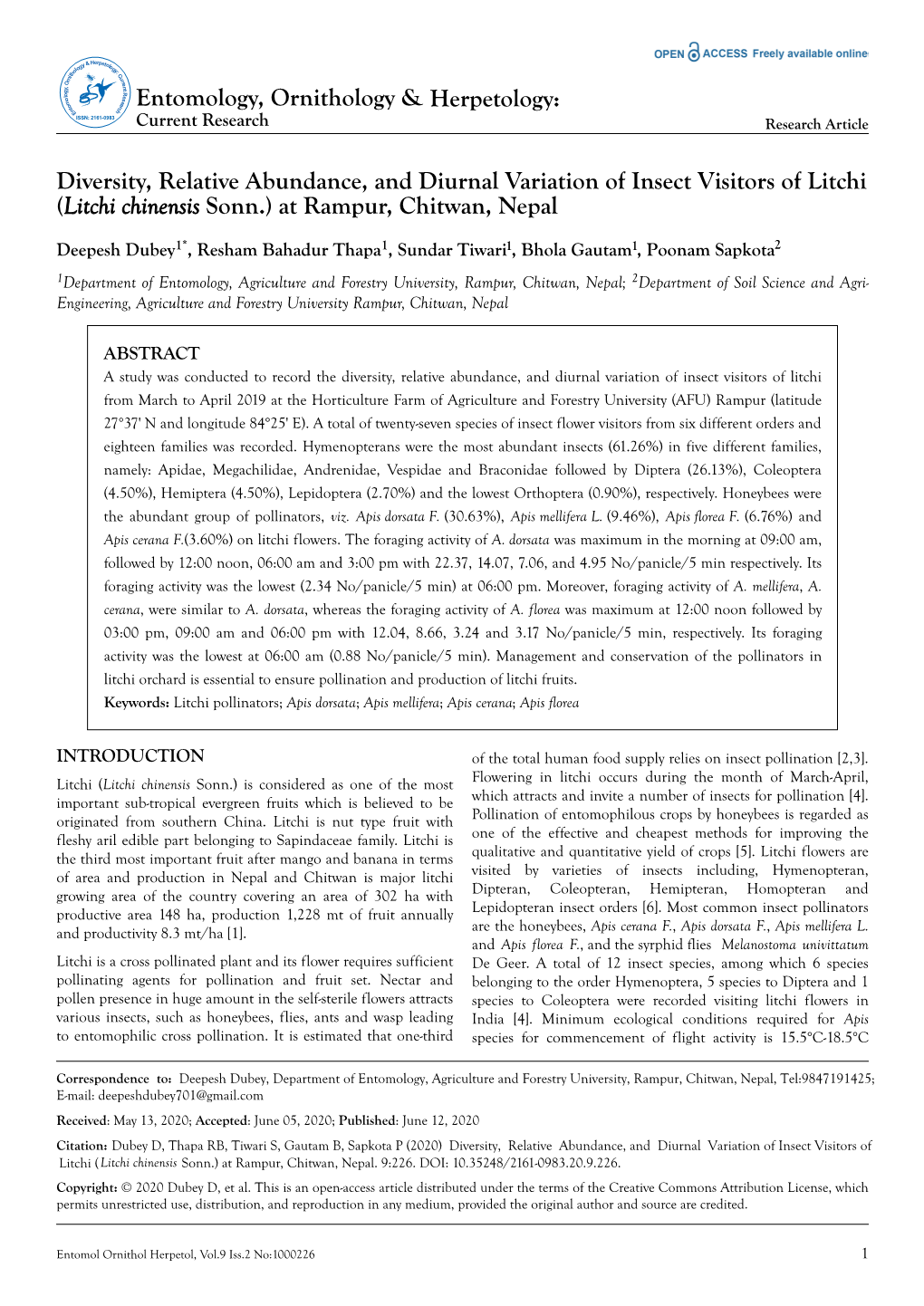 Diversity, Relative Abundance, and Diurnal Variation of Insect Visitors of Litchi (Litchi Chinensis Sonn.) at Rampur, Chitwan, Nepal