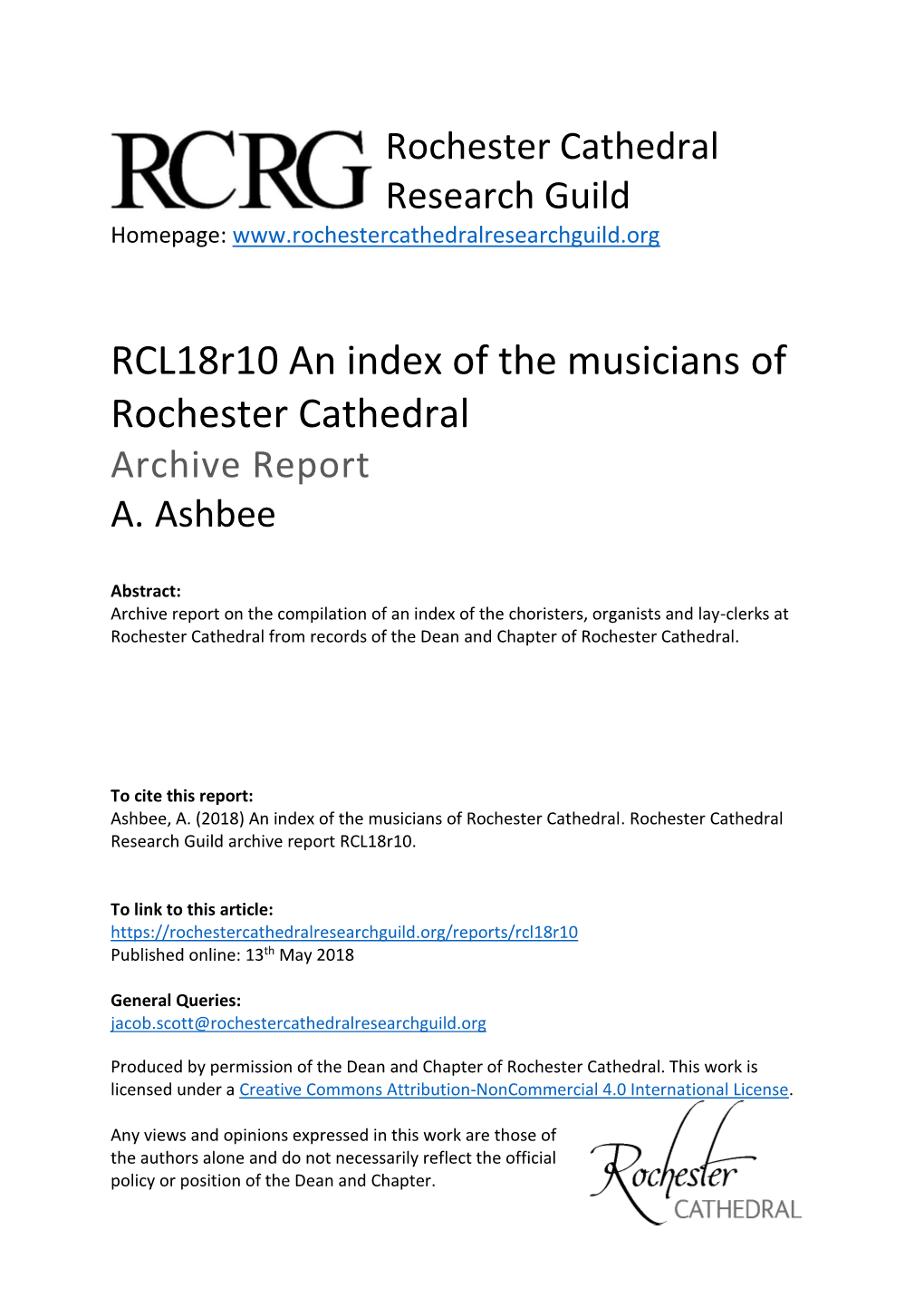 Rcl18r10 an Index of the Musicians of Rochester Cathedral Archive Report A