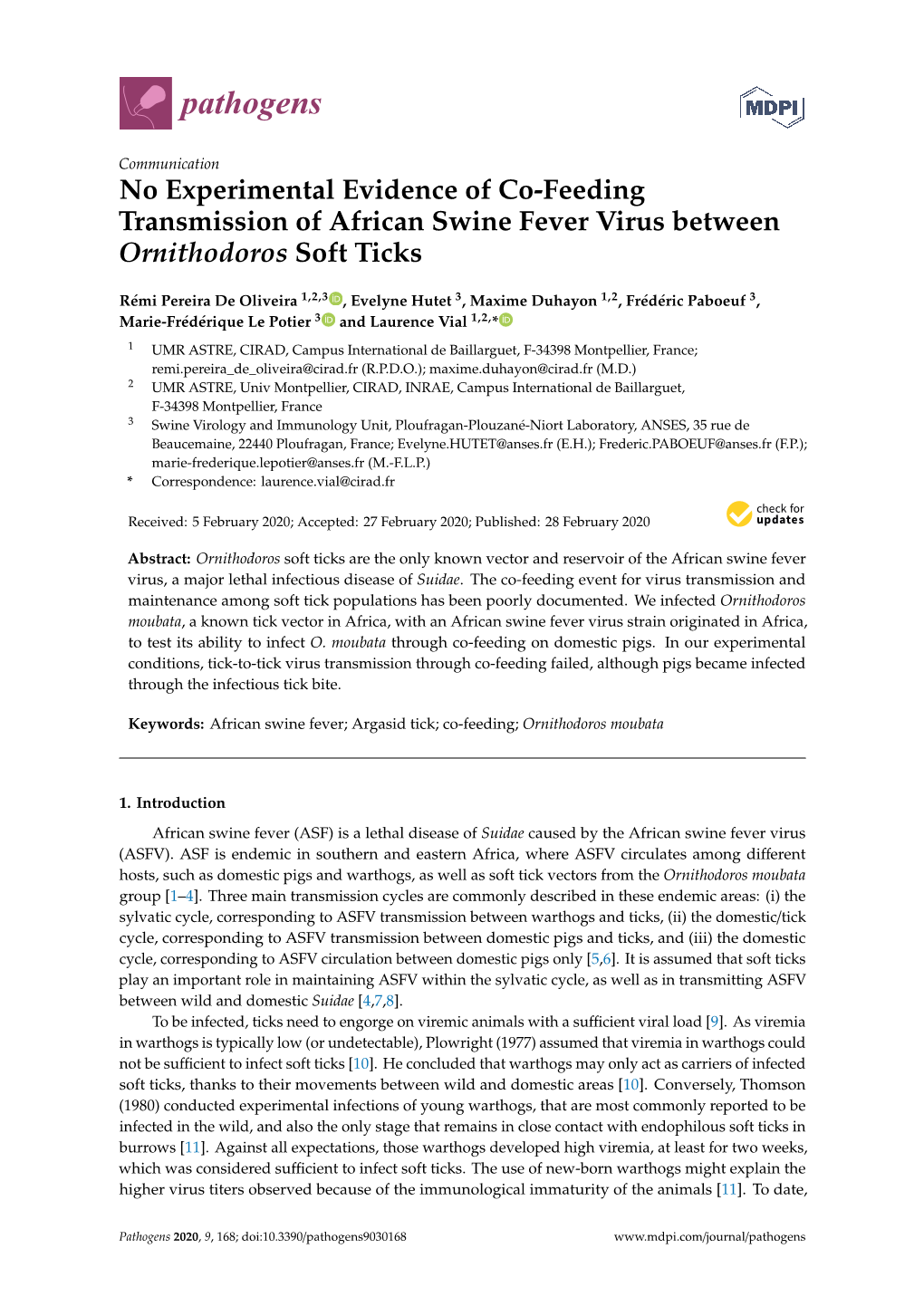 No Experimental Evidence of Co-Feeding Transmission of African Swine Fever Virus Between Ornithodoros Soft Ticks