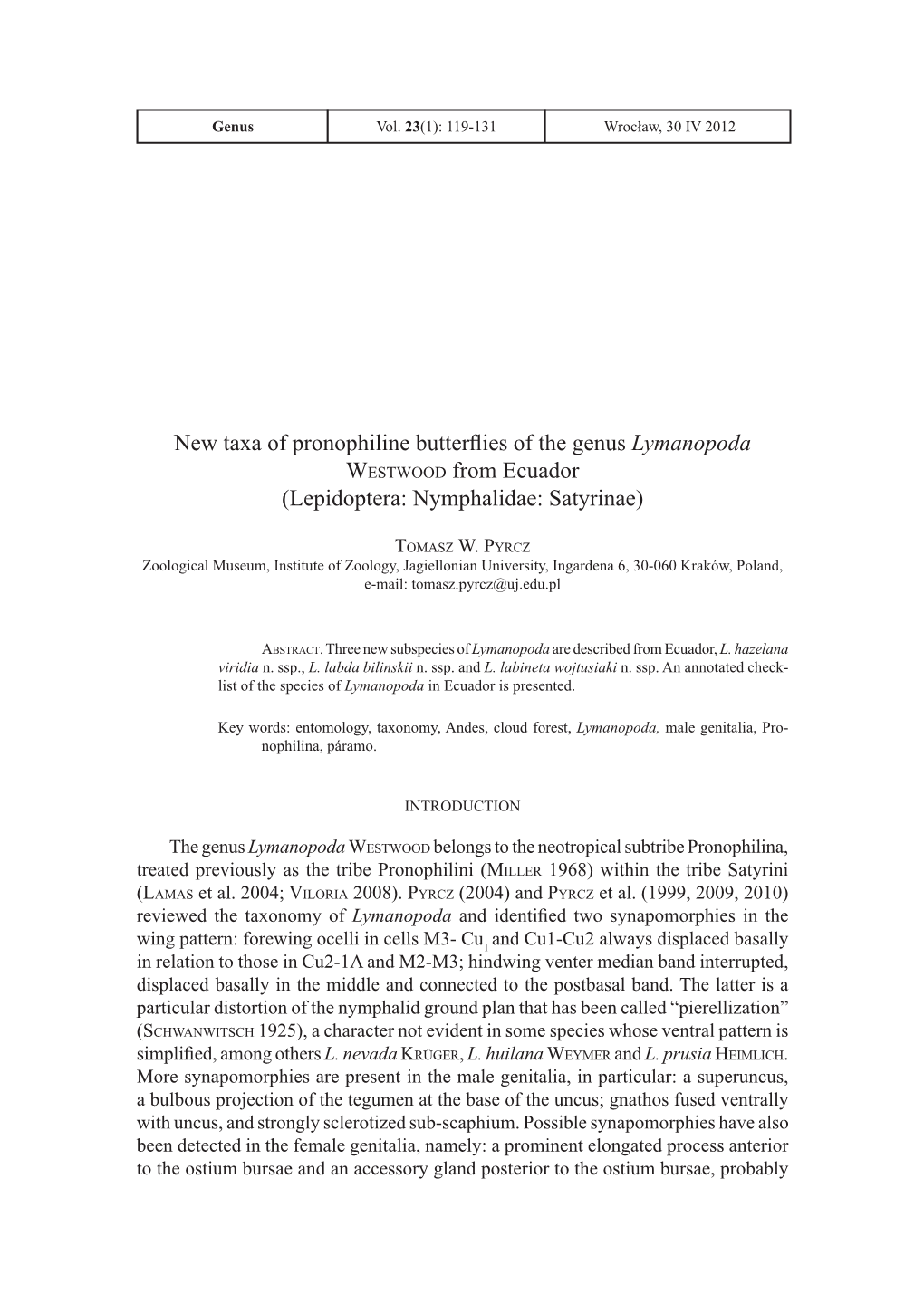 New Taxa of Pronophiline Butterflies of the Genus Lymanopoda