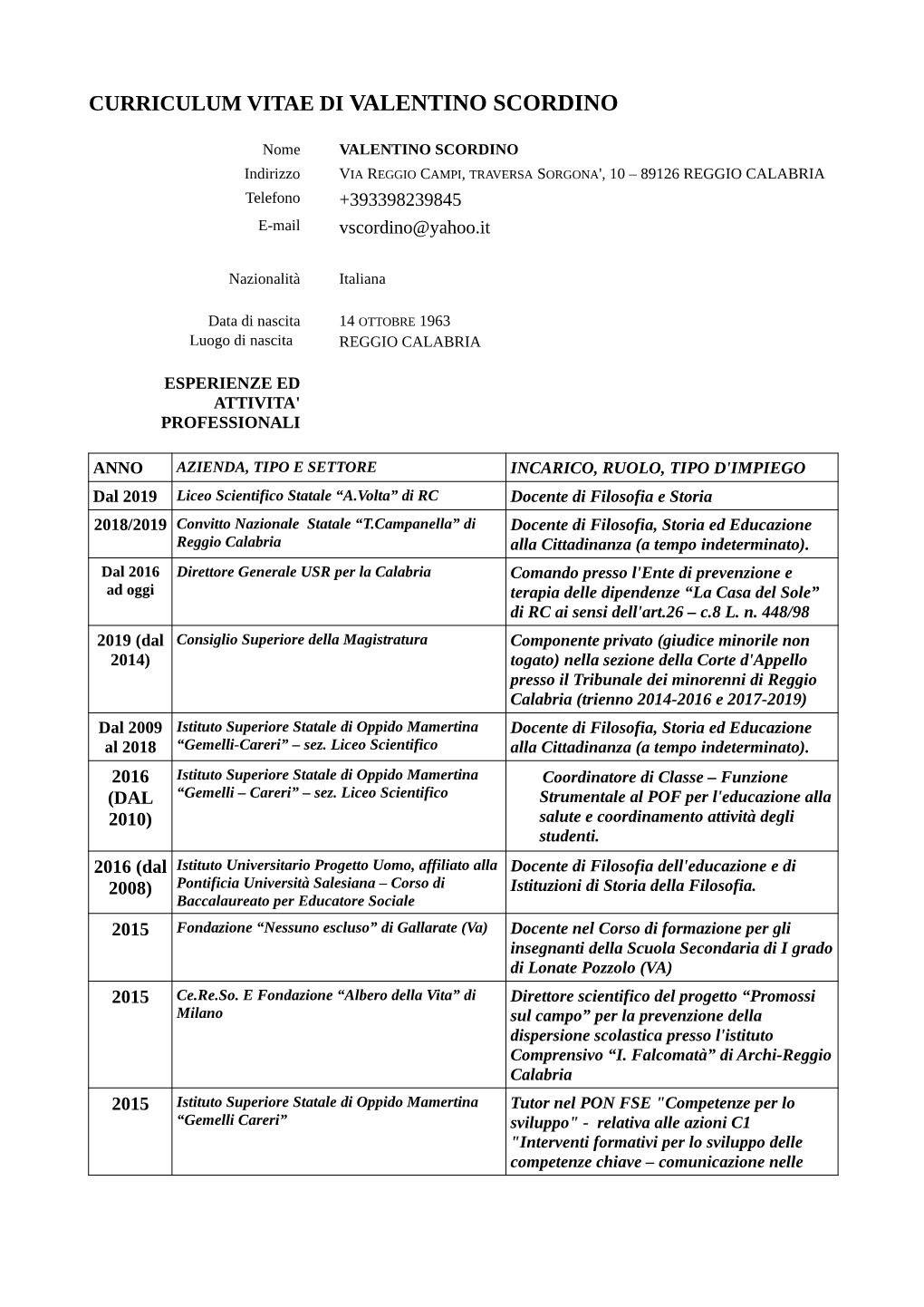 Curriculum Vitae Di Valentino Scordino