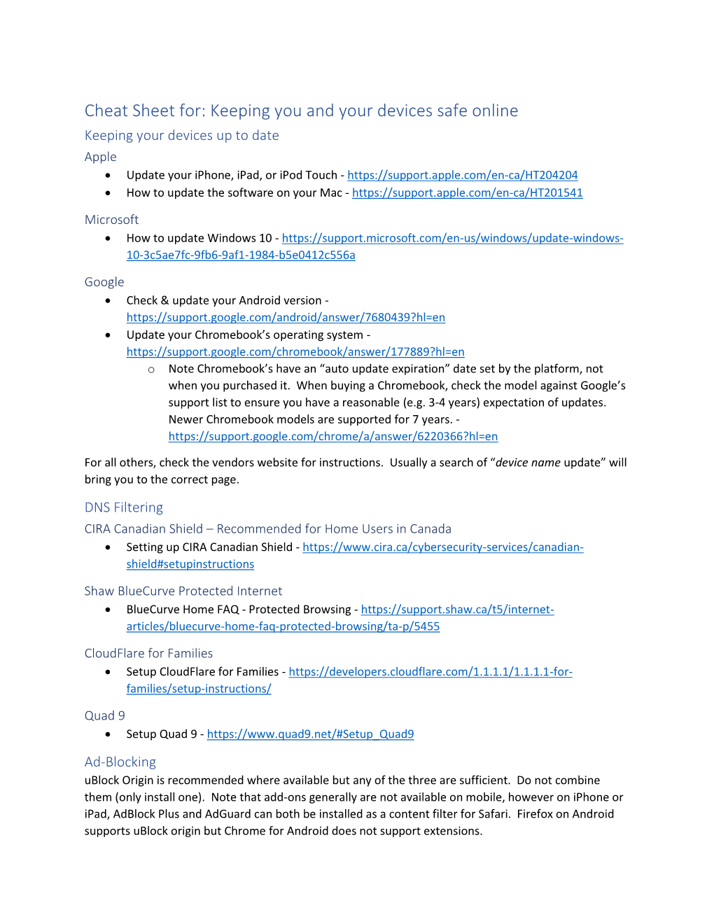 Cheat Sheet For: Keeping You and Your Devices Safe Online