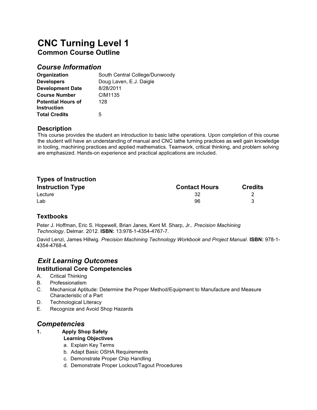 CNC Turning Level 1 Common Course Outline