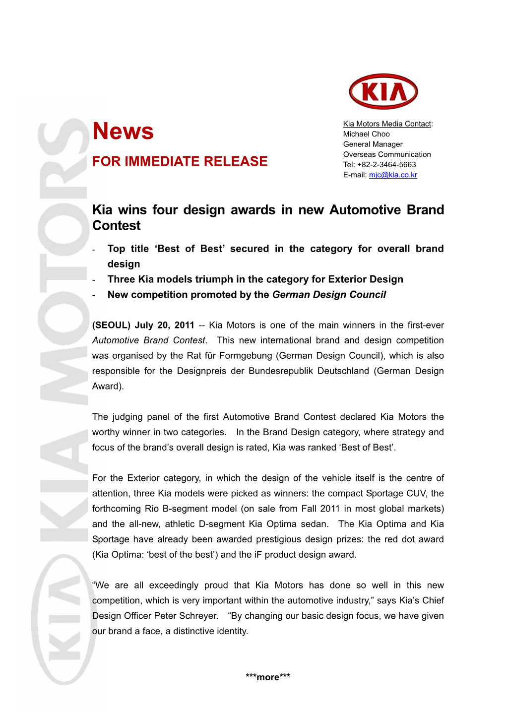 FOR IMMEDIATE RELEASE Kia Wins Four Design Awards in New