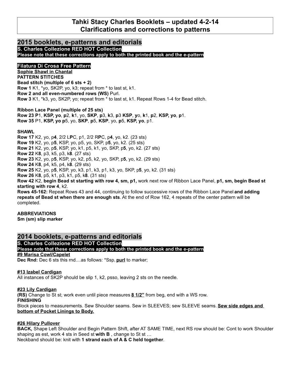 Updated 4-2-14 Clarifications and Corrections to Patterns 2015 Booklets, E-Patterns and Editorials S