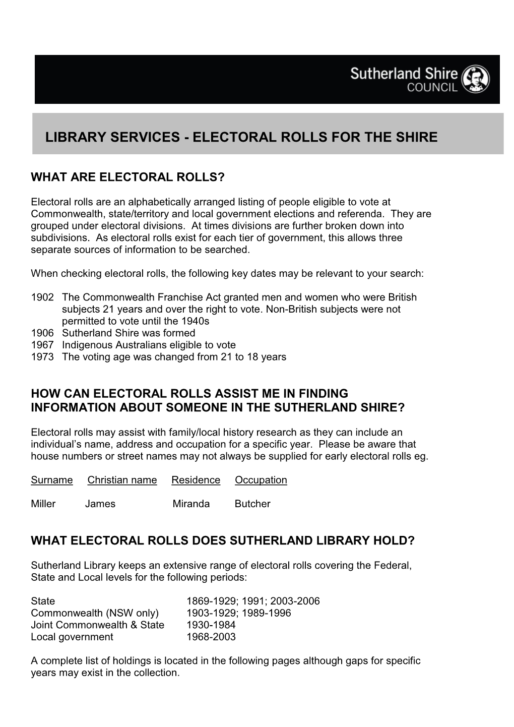 Electoral Rolls for the Shire