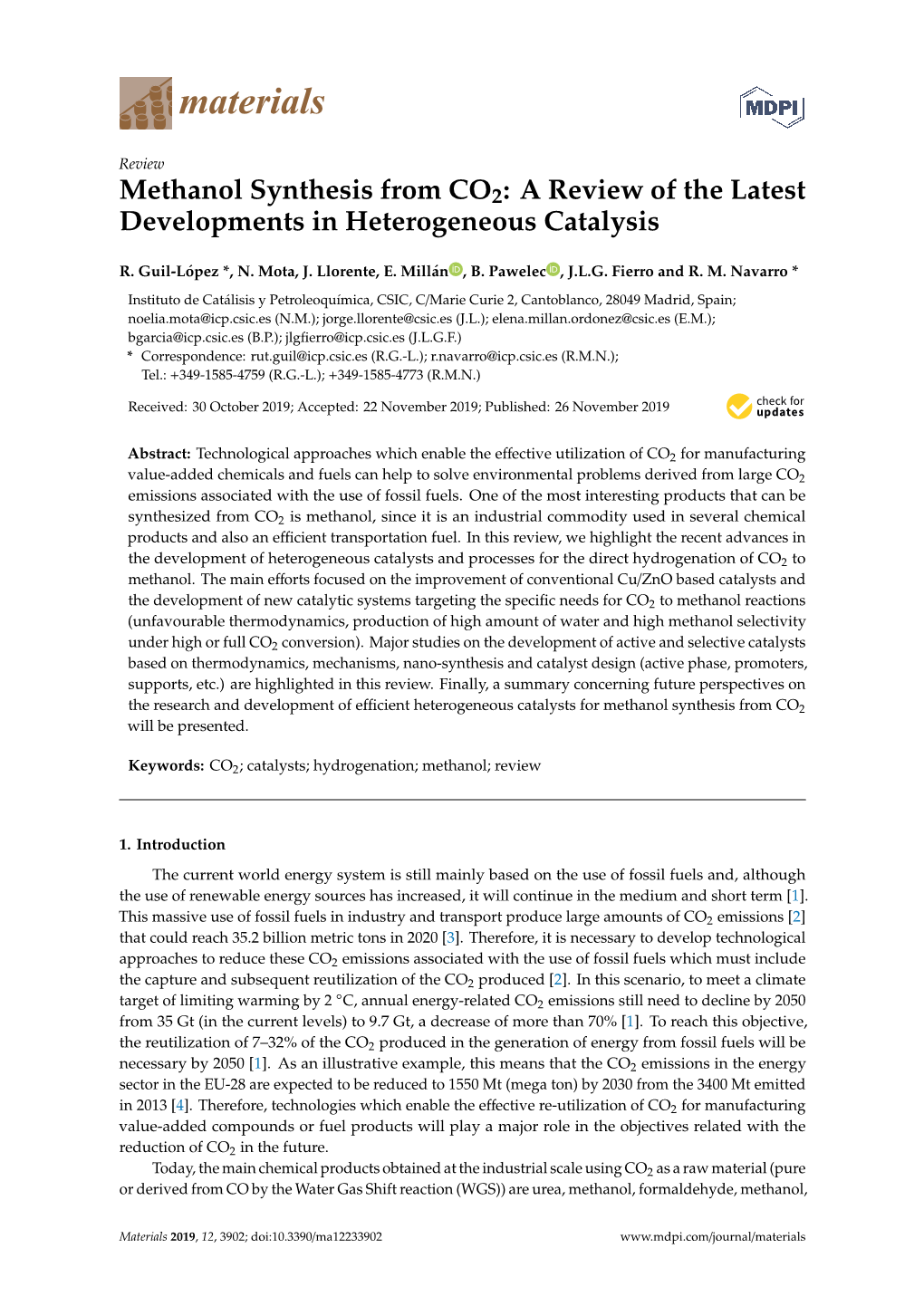 Methanol Synthesis from CO2: a Review of the Latest Developments in Heterogeneous Catalysis