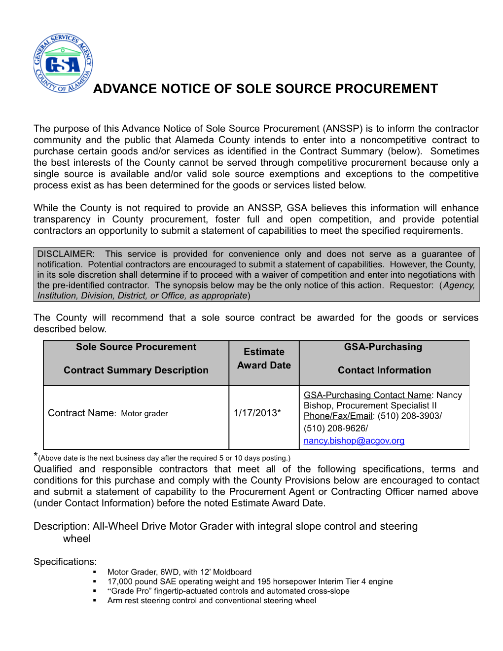 Advance Notice of Sole Source Procurement s12