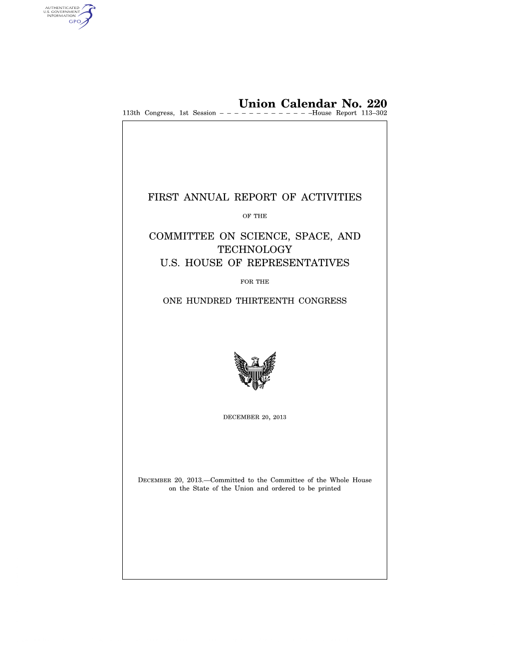 Union Calendar No. 220 113Th Congress, 1St Session–––––––––––––House Report 113–302