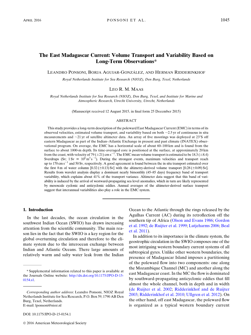 The East Madagascar Current: Volume Transport and Variability Based on Long-Term Observations*